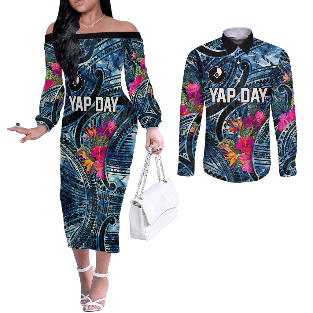 Yap Day Island Floral Tribal Heritage Couples Matching Off The Shoulder Long Sleeve Dress and Long Sleeve Button Shirt Micronesian Hibiscus Pattern Polynesian Tattoo Blue Art