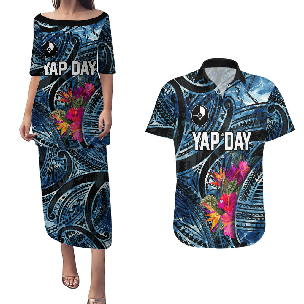 Yap Day Island Floral Tribal Heritage Couples Matching Puletasi and Hawaiian Shirt Micronesian Hibiscus Pattern Polynesian Tattoo Blue Art TS04 Black Blue - Polynesian Pride
