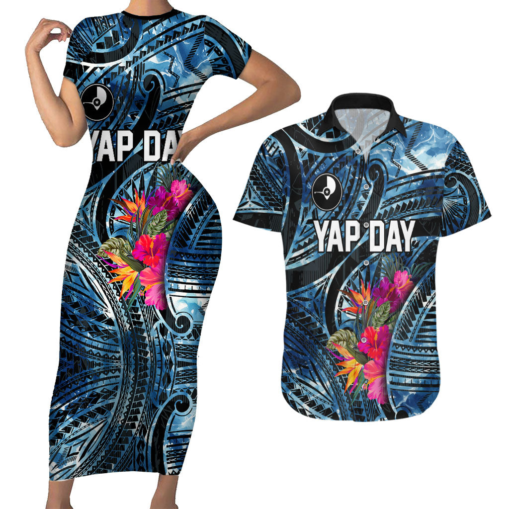 Yap Day Island Floral Tribal Heritage Couples Matching Short Sleeve Bodycon Dress and Hawaiian Shirt Micronesian Hibiscus Pattern Polynesian Tattoo Blue Art TS04 Black Blue - Polynesian Pride