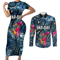 Yap Day Island Floral Tribal Heritage Couples Matching Short Sleeve Bodycon Dress and Long Sleeve Button Shirt Micronesian Hibiscus Pattern Polynesian Tattoo Blue Art