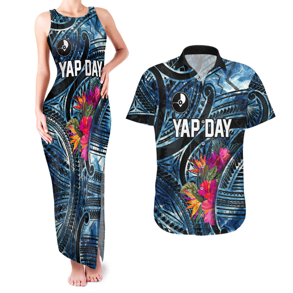 Yap Day Island Floral Tribal Heritage Couples Matching Tank Maxi Dress and Hawaiian Shirt Micronesian Hibiscus Pattern Polynesian Tattoo Blue Art