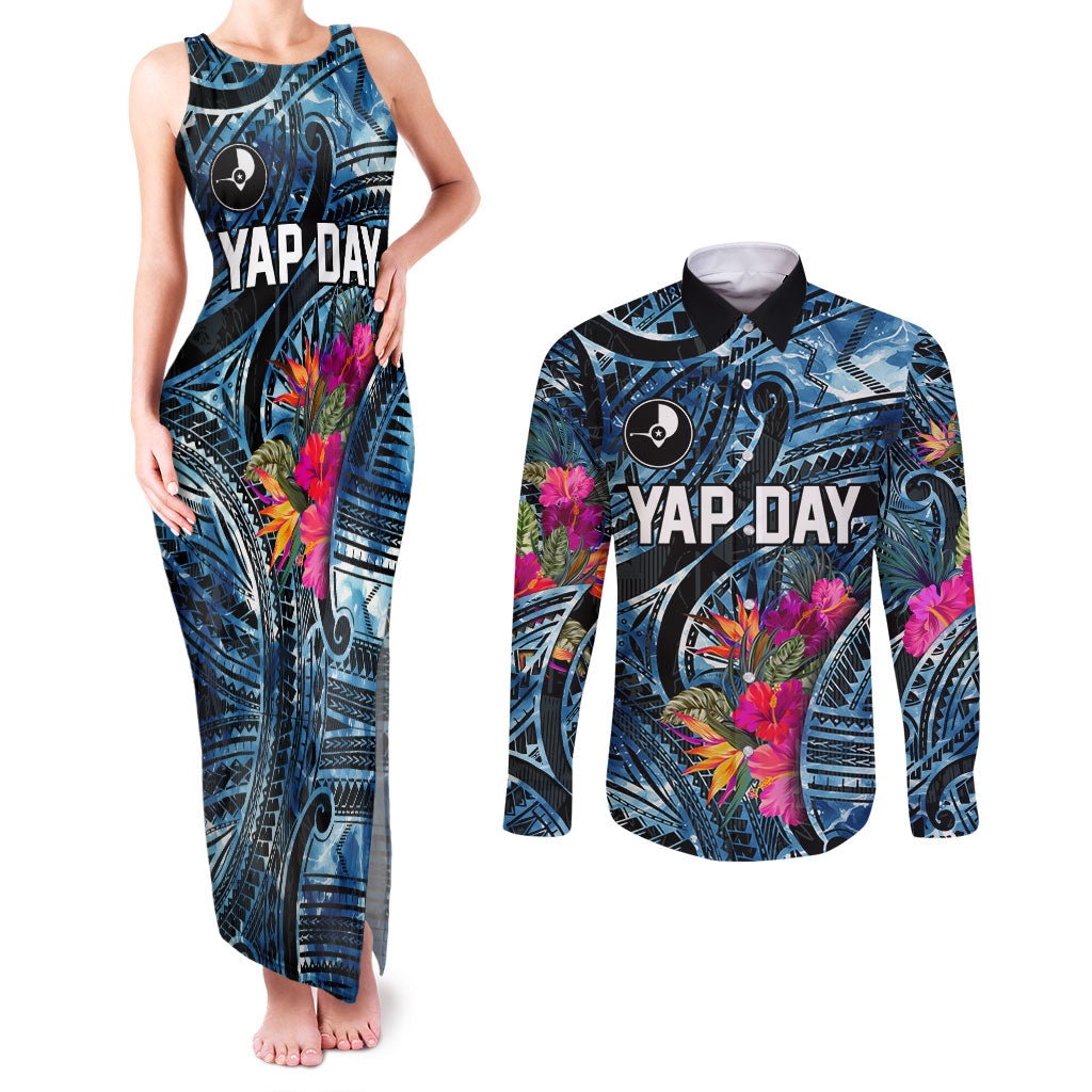 Yap Day Island Floral Tribal Heritage Couples Matching Tank Maxi Dress and Long Sleeve Button Shirt Micronesian Hibiscus Pattern Polynesian Tattoo Blue Art TS04 Black Blue - Polynesian Pride