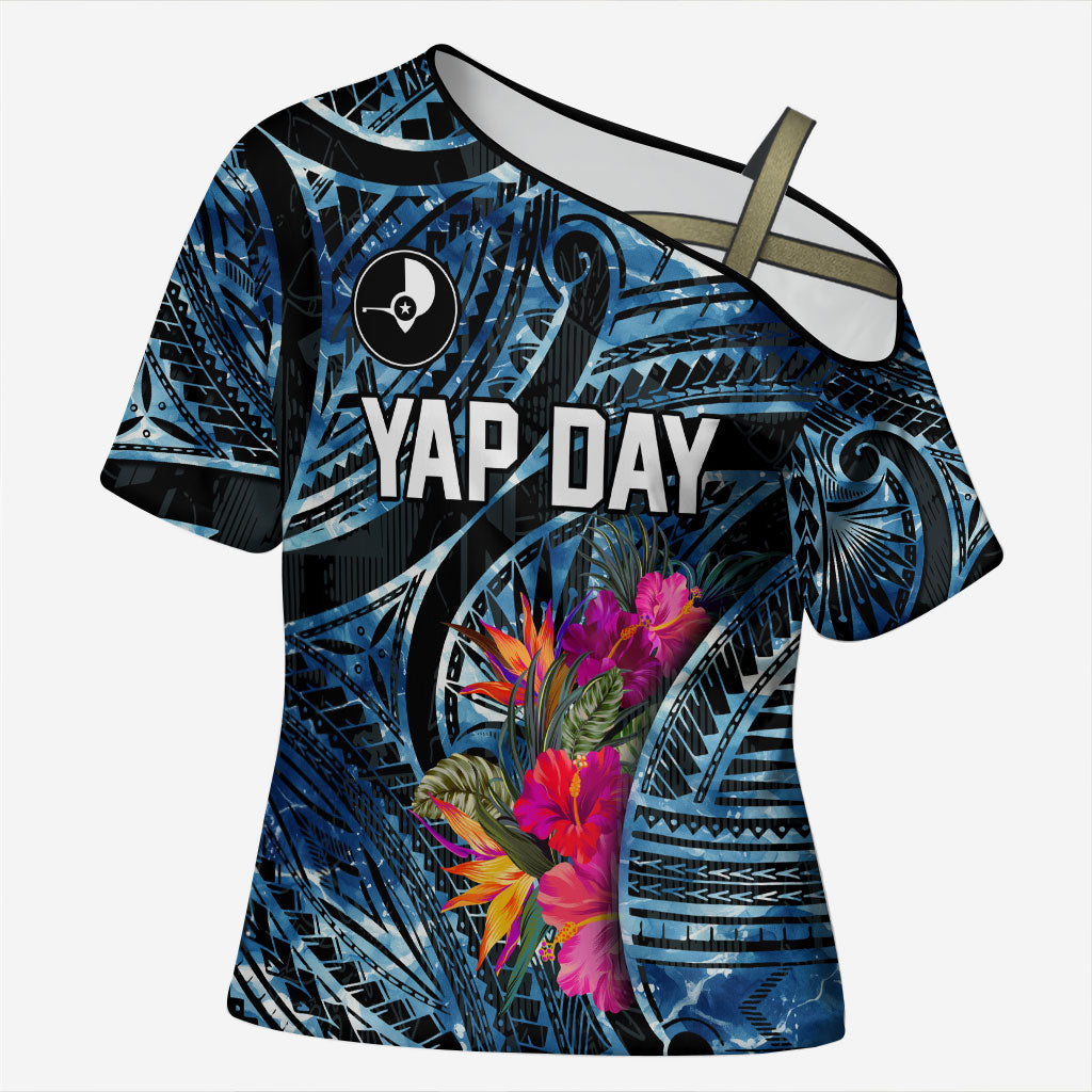 Yap Day Island Floral Tribal Heritage Cross Shoulder Shirt Micronesian Hibiscus Pattern Polynesian Tattoo Blue Art