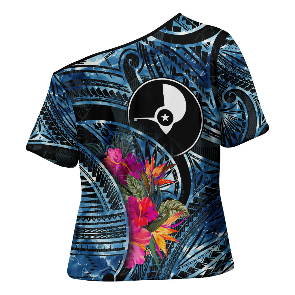 Yap Day Island Floral Tribal Heritage Cross Shoulder Shirt Micronesian Hibiscus Pattern Polynesian Tattoo Blue Art