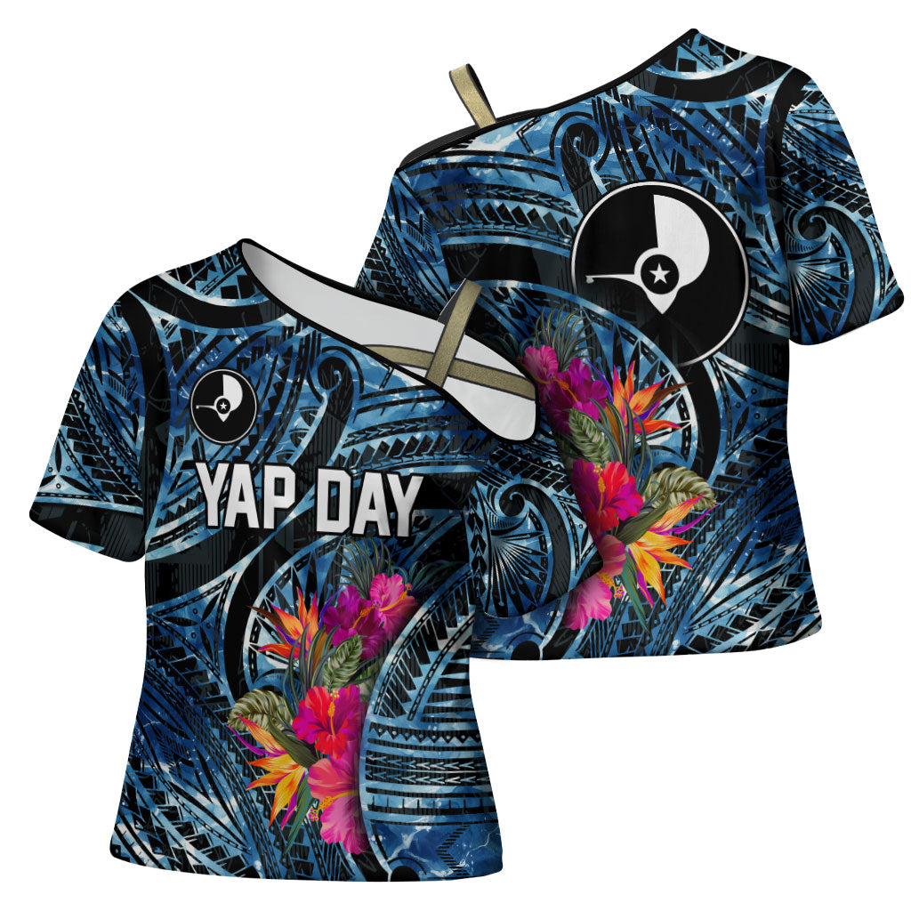 Yap Day Island Floral Tribal Heritage Cross Shoulder Shirt Micronesian Hibiscus Pattern Polynesian Tattoo Blue Art