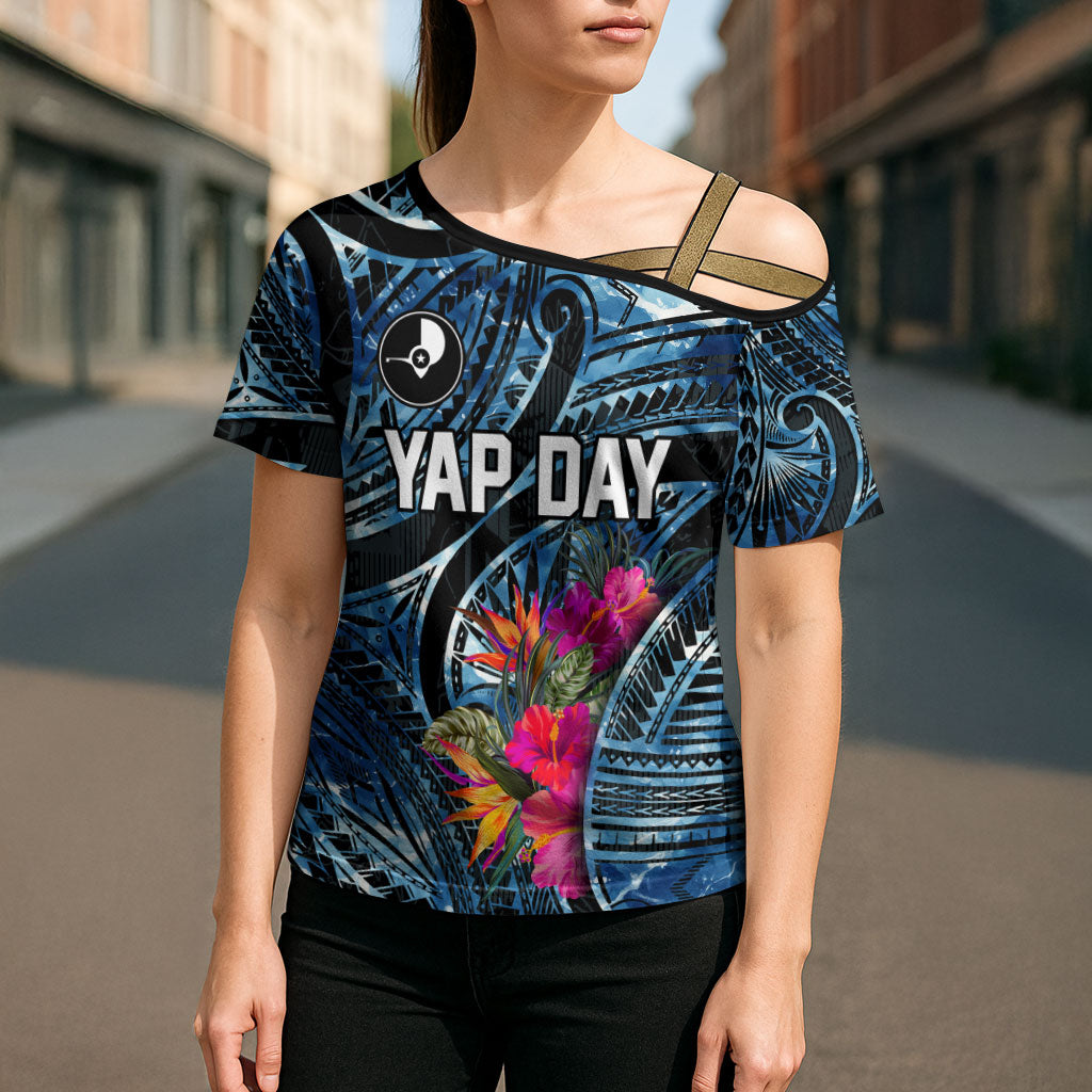 Yap Day Island Floral Tribal Heritage Cross Shoulder Shirt Micronesian Hibiscus Pattern Polynesian Tattoo Blue Art