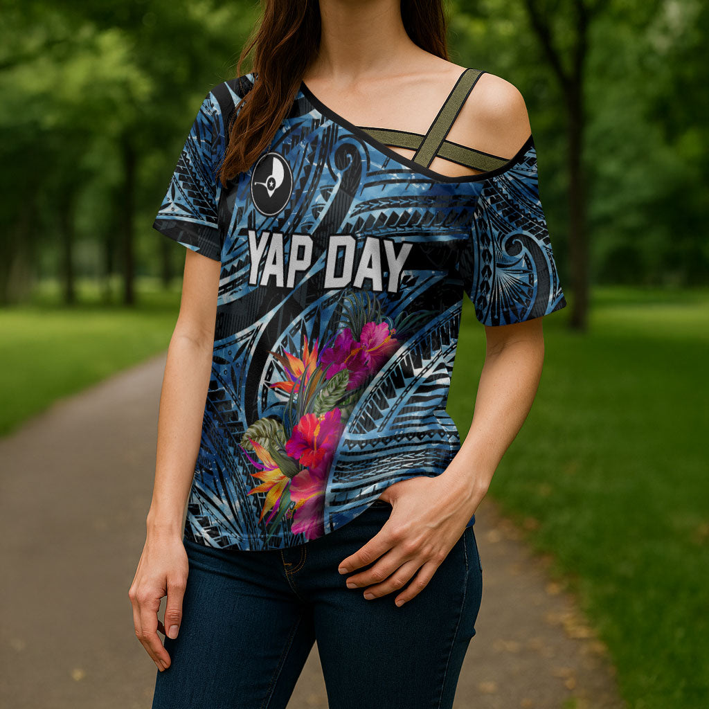 Yap Day Island Floral Tribal Heritage Cross Shoulder Shirt Micronesian Hibiscus Pattern Polynesian Tattoo Blue Art