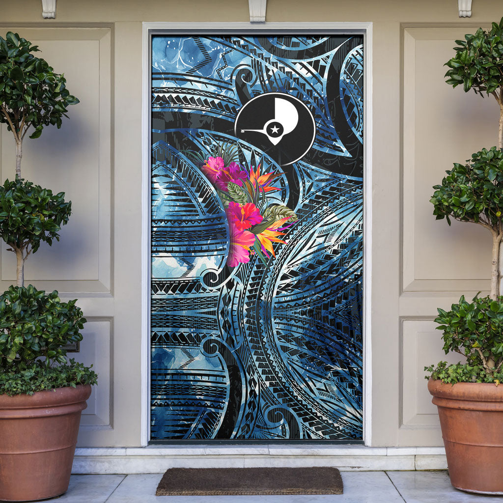Yap Day Island Floral Tribal Heritage Door Cover Micronesian Hibiscus Pattern Polynesian Tattoo Blue Art TS04 Black Blue - Polynesian Pride