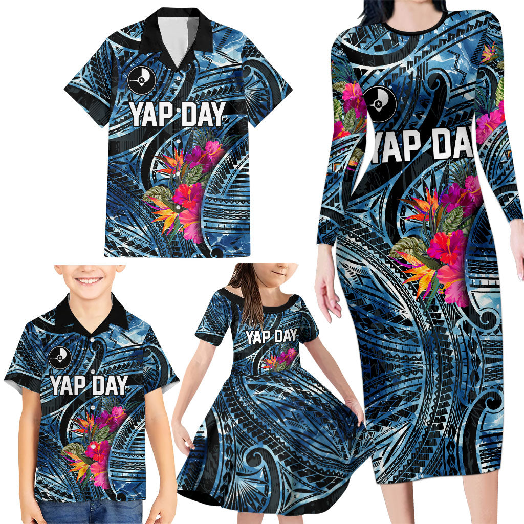 Yap Day Island Floral Tribal Heritage Family Matching Long Sleeve Bodycon Dress and Hawaiian Shirt Micronesian Hibiscus Pattern Polynesian Tattoo Blue Art TS04 - Polynesian Pride