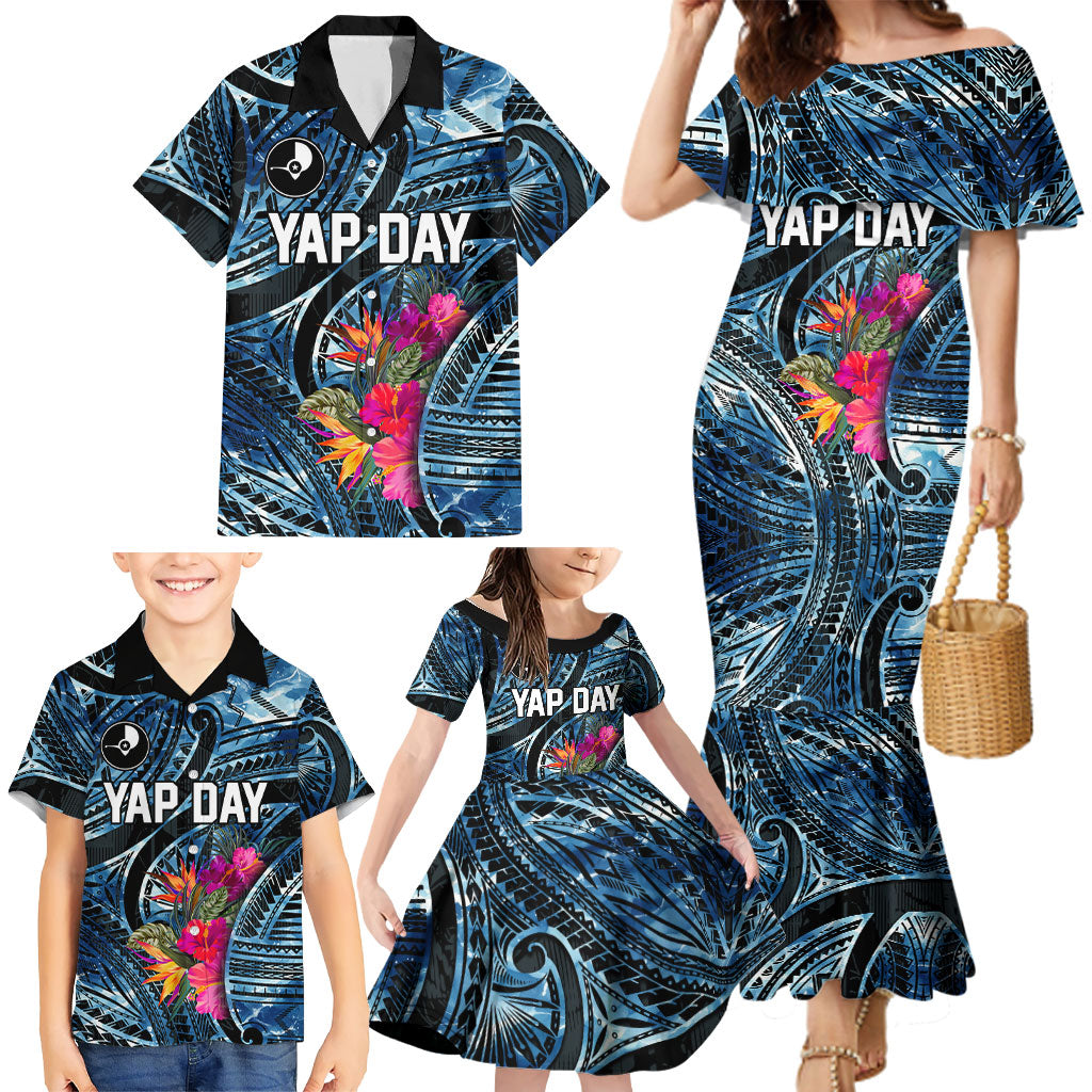 Yap Day Island Floral Tribal Heritage Family Matching Mermaid Dress and Hawaiian Shirt Micronesian Hibiscus Pattern Polynesian Tattoo Blue Art