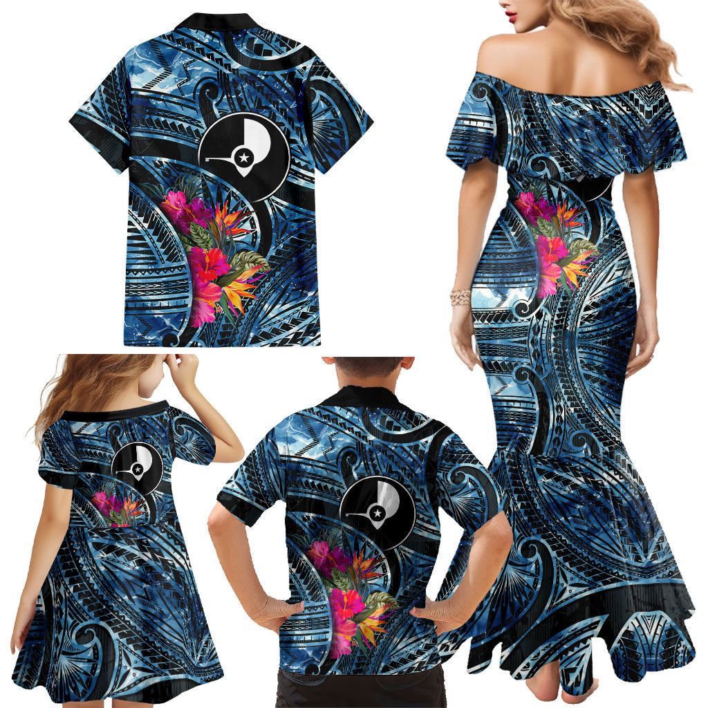 Yap Day Island Floral Tribal Heritage Family Matching Mermaid Dress and Hawaiian Shirt Micronesian Hibiscus Pattern Polynesian Tattoo Blue Art