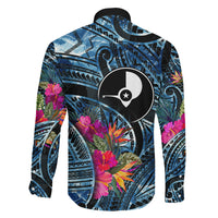 Yap Day Island Floral Tribal Heritage Family Matching Mermaid Dress and Hawaiian Shirt Micronesian Hibiscus Pattern Polynesian Tattoo Blue Art
