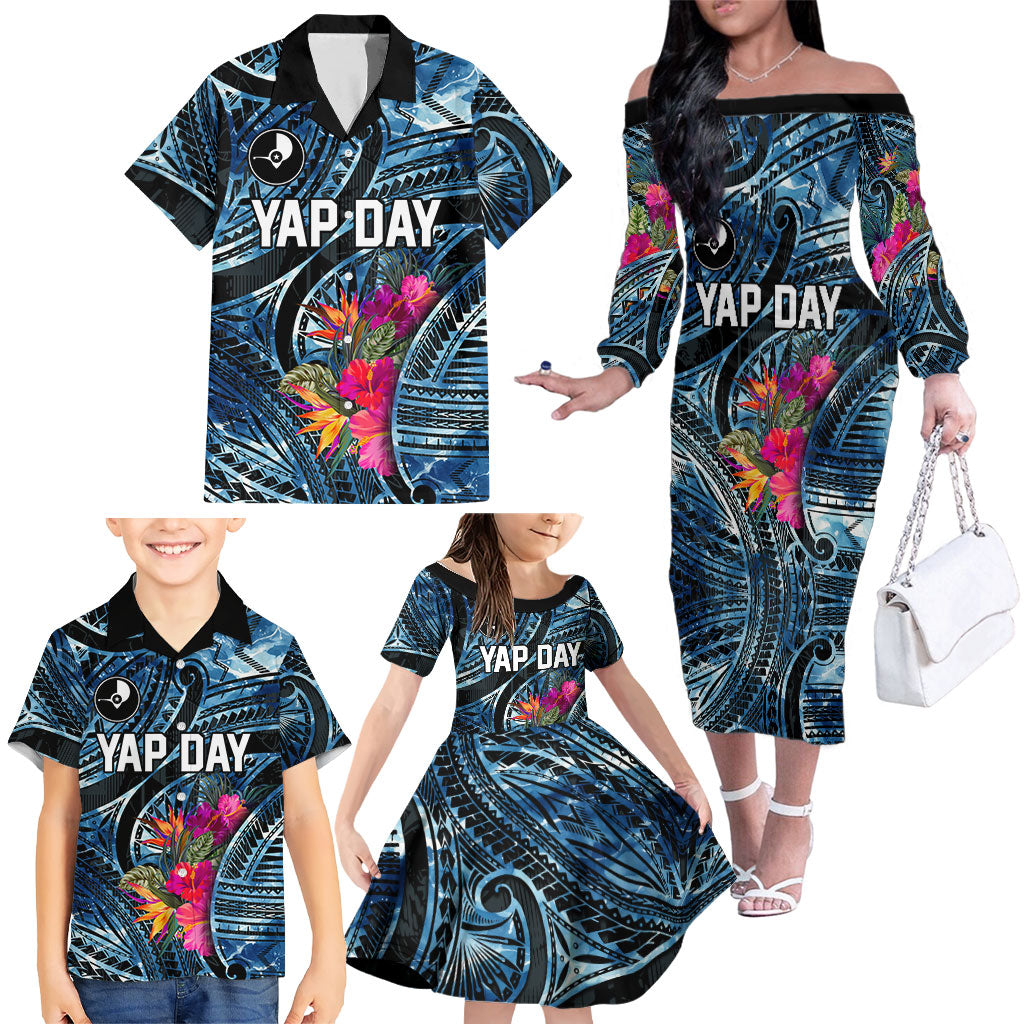 Yap Day Island Floral Tribal Heritage Family Matching Off The Shoulder Long Sleeve Dress and Hawaiian Shirt Micronesian Hibiscus Pattern Polynesian Tattoo Blue Art TS04 - Polynesian Pride