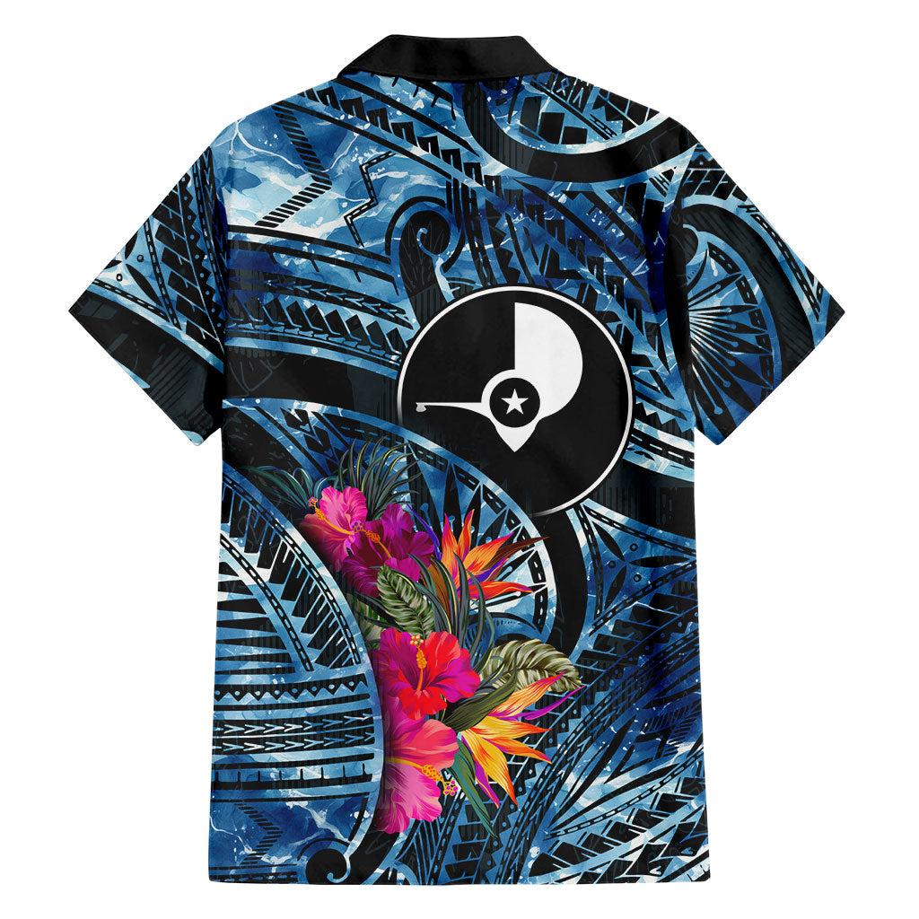 Yap Day Island Floral Tribal Heritage Family Matching Off The Shoulder Long Sleeve Dress and Hawaiian Shirt Micronesian Hibiscus Pattern Polynesian Tattoo Blue Art