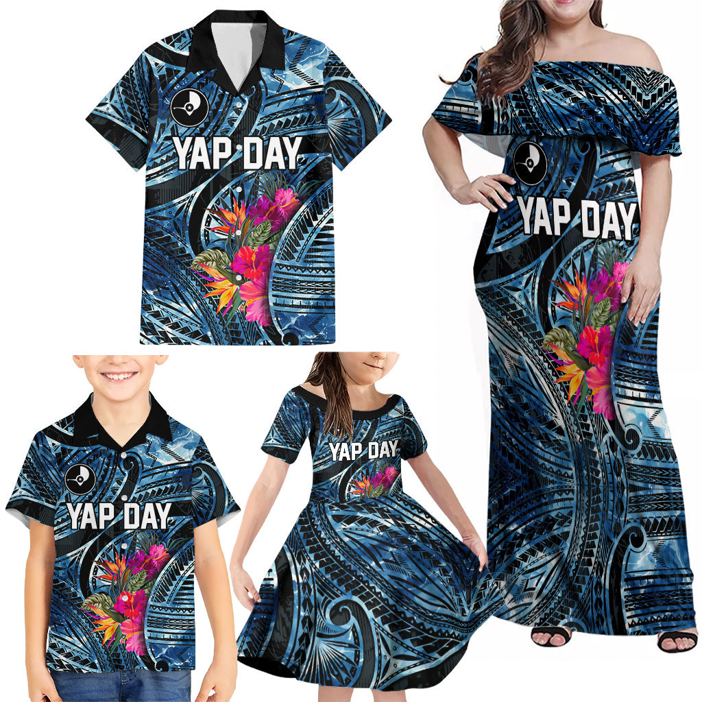 Yap Day Island Floral Tribal Heritage Family Matching Off Shoulder Maxi Dress and Hawaiian Shirt Micronesian Hibiscus Pattern Polynesian Tattoo Blue Art