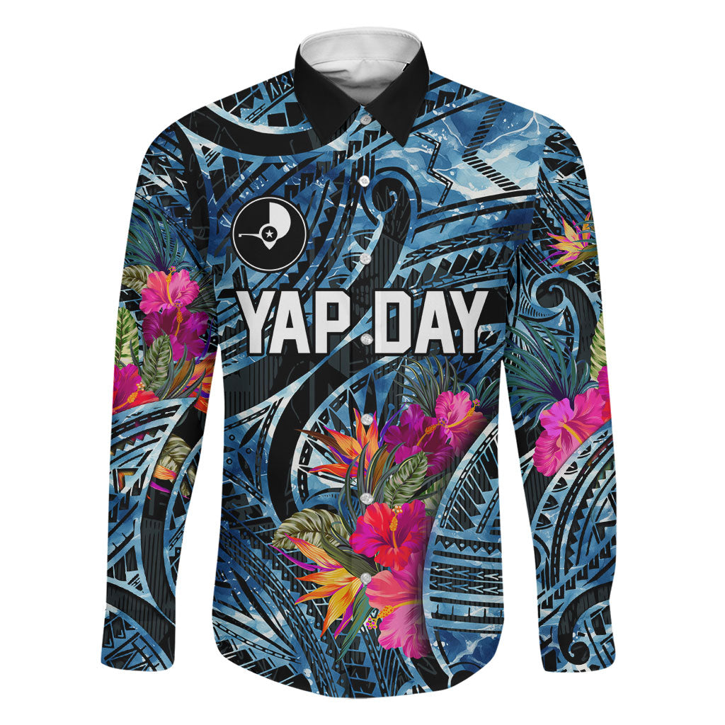 Yap Day Island Floral Tribal Heritage Family Matching Off Shoulder Maxi Dress and Hawaiian Shirt Micronesian Hibiscus Pattern Polynesian Tattoo Blue Art