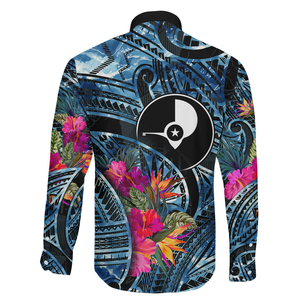 Yap Day Island Floral Tribal Heritage Family Matching Off Shoulder Maxi Dress and Hawaiian Shirt Micronesian Hibiscus Pattern Polynesian Tattoo Blue Art