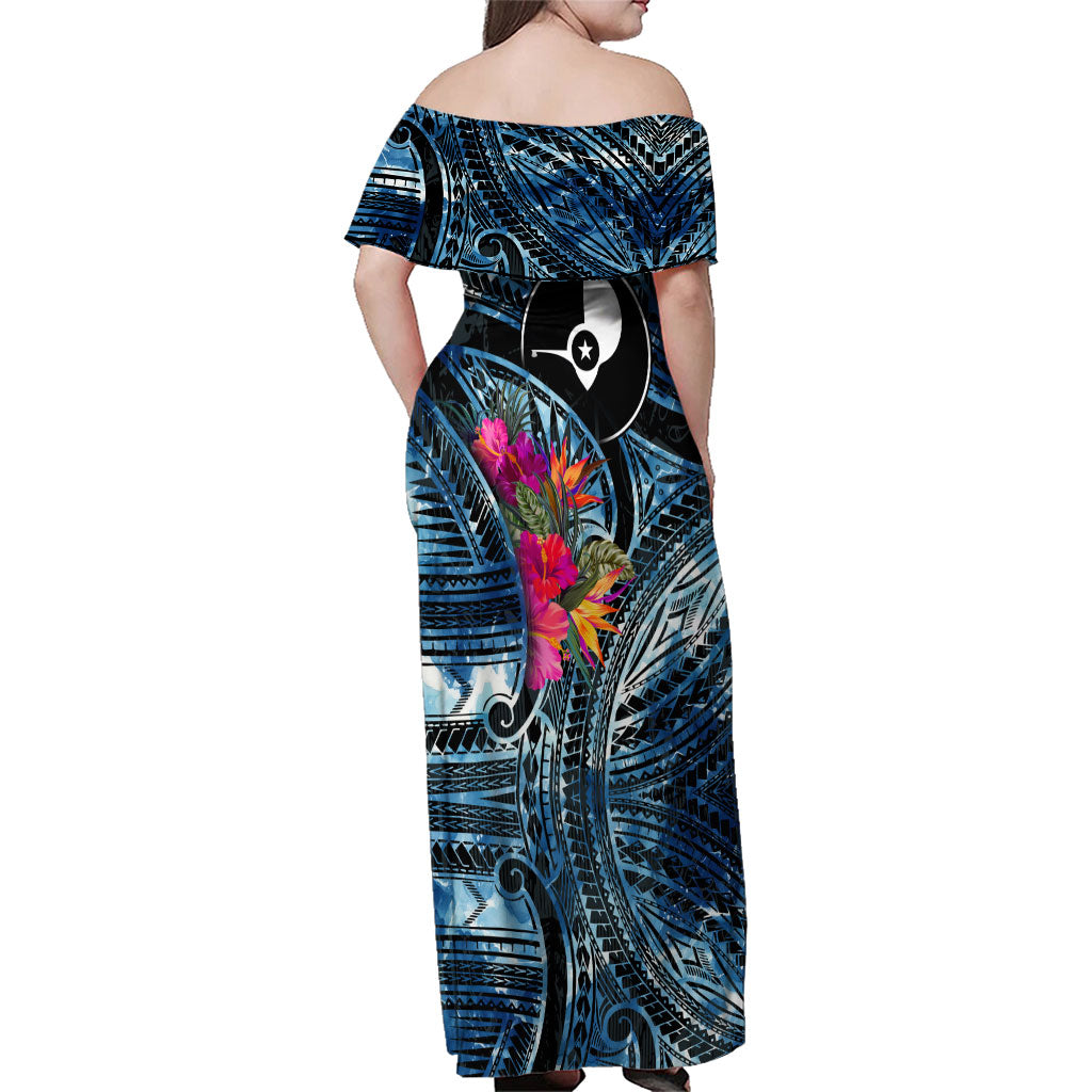 Yap Day Island Floral Tribal Heritage Family Matching Off Shoulder Maxi Dress and Hawaiian Shirt Micronesian Hibiscus Pattern Polynesian Tattoo Blue Art