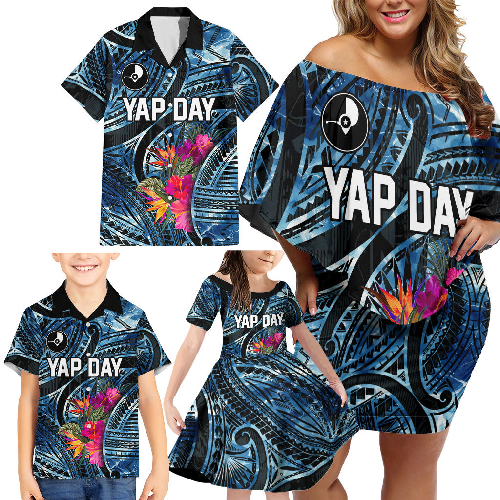 Yap Day Island Floral Tribal Heritage Family Matching Off Shoulder Short Dress and Hawaiian Shirt Micronesian Hibiscus Pattern Polynesian Tattoo Blue Art TS04 - Polynesian Pride