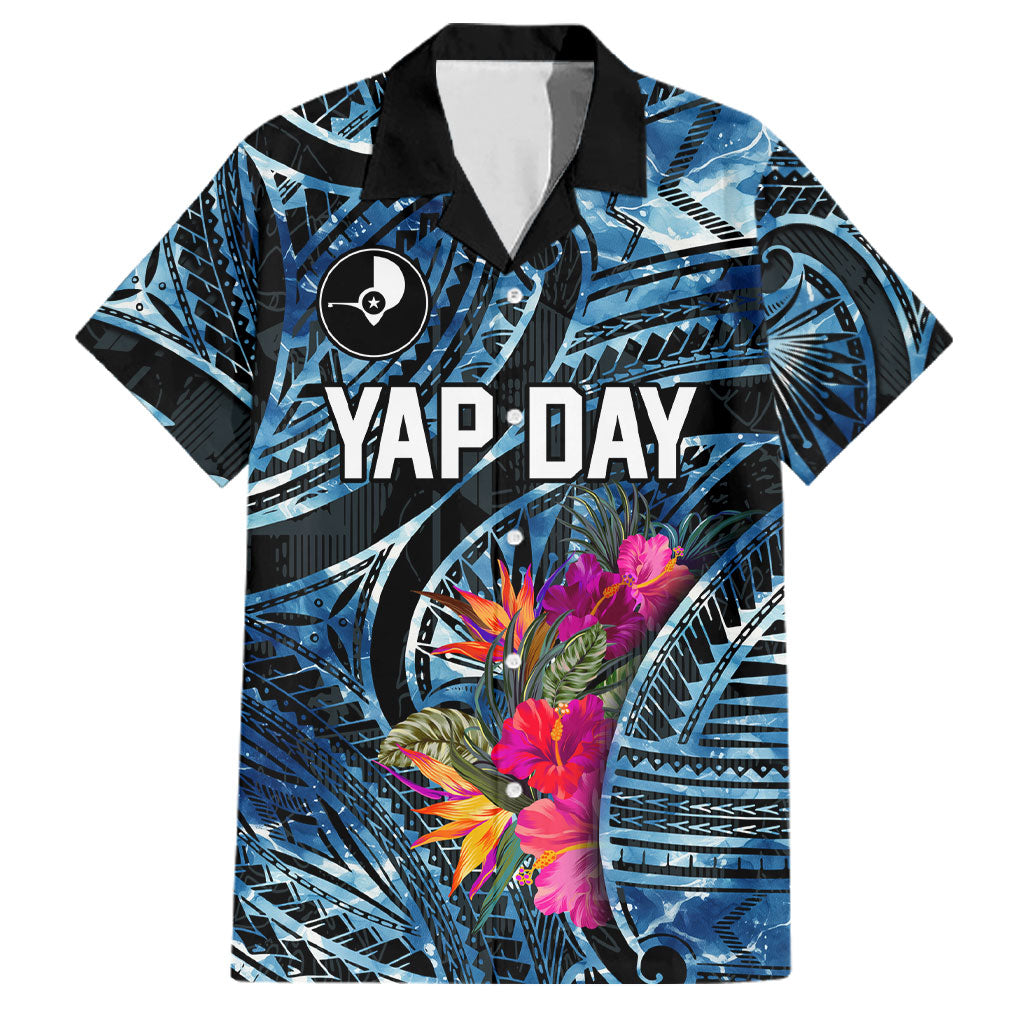 Yap Day Island Floral Tribal Heritage Family Matching Off Shoulder Short Dress and Hawaiian Shirt Micronesian Hibiscus Pattern Polynesian Tattoo Blue Art