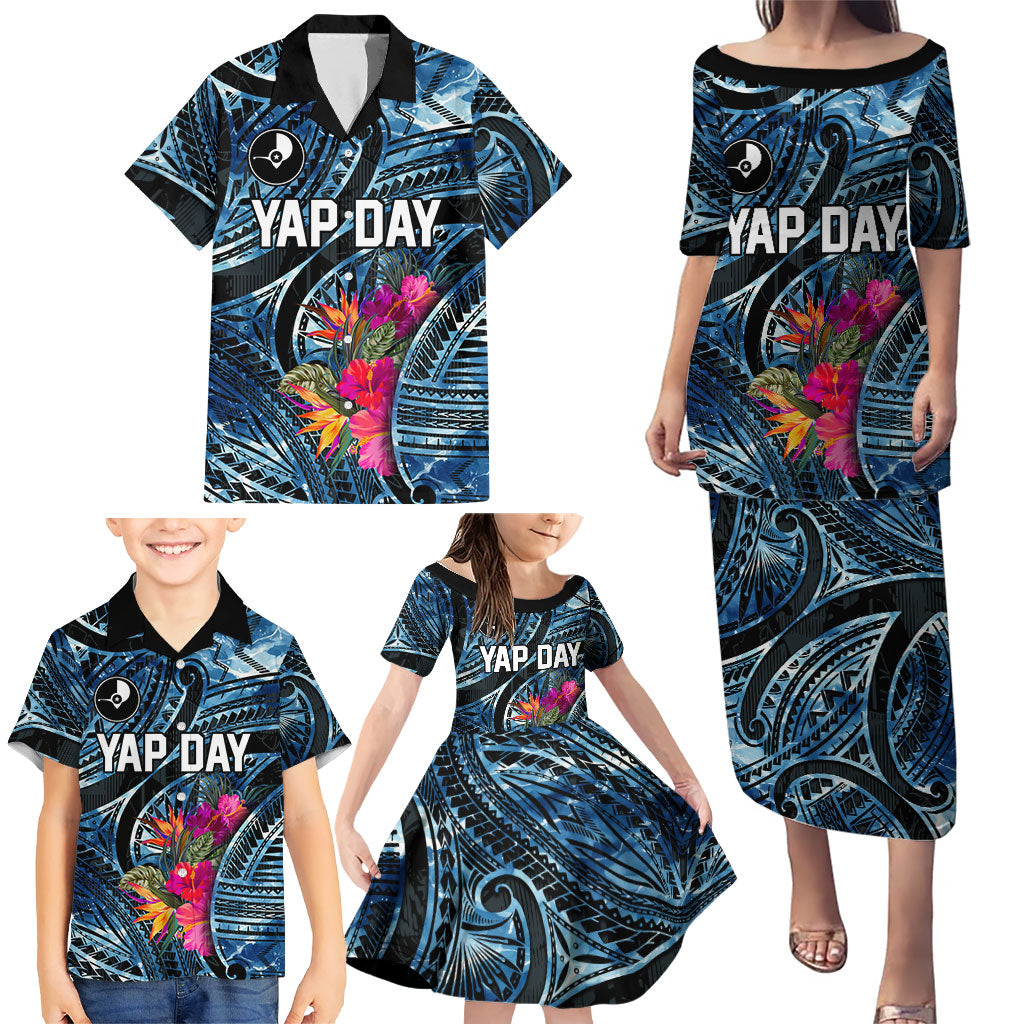 Yap Day Island Floral Tribal Heritage Family Matching Puletasi and Hawaiian Shirt Micronesian Hibiscus Pattern Polynesian Tattoo Blue Art TS04 - Polynesian Pride