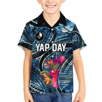 Yap Day Island Floral Tribal Heritage Family Matching Puletasi and Hawaiian Shirt Micronesian Hibiscus Pattern Polynesian Tattoo Blue Art