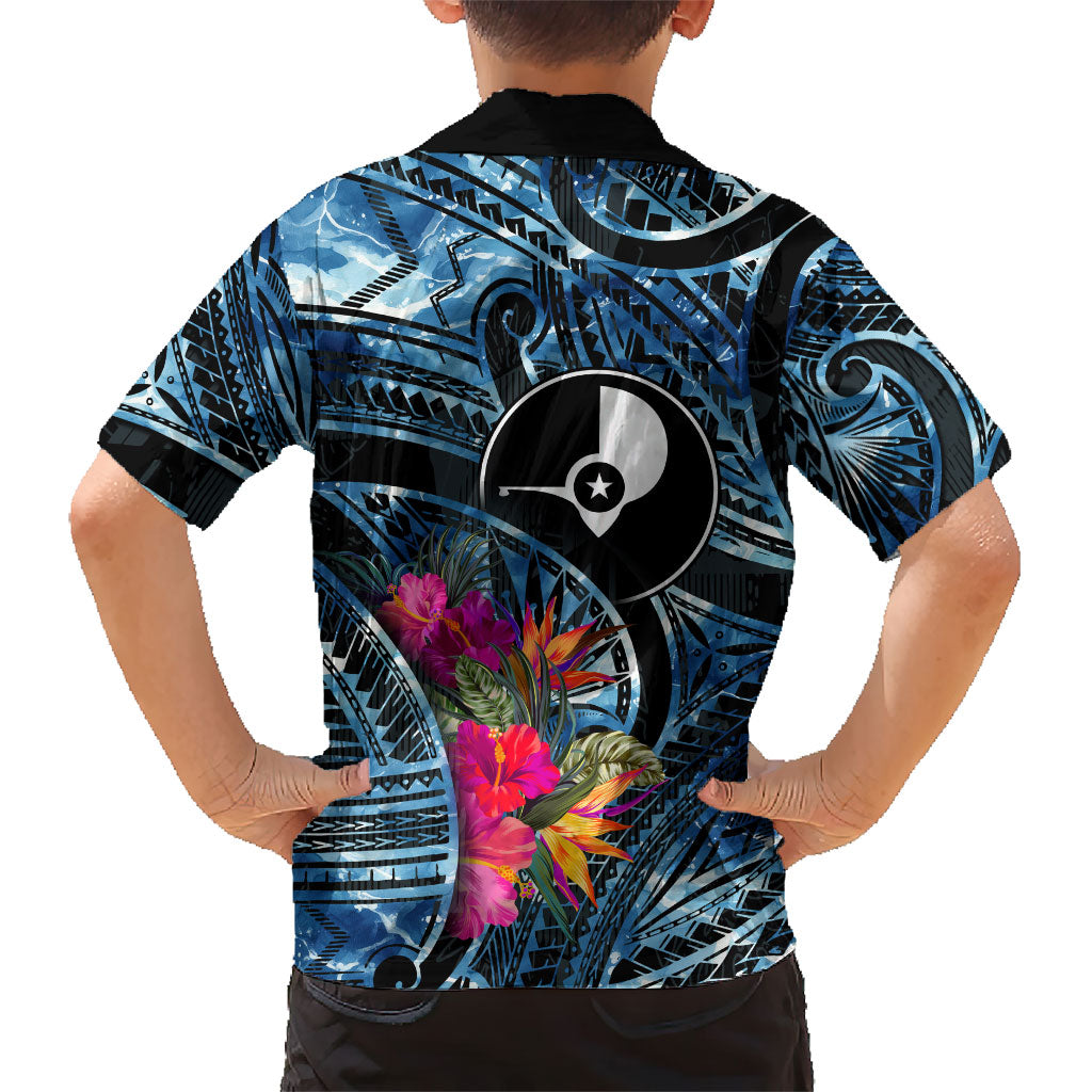 Yap Day Island Floral Tribal Heritage Family Matching Short Sleeve Bodycon Dress and Hawaiian Shirt Micronesian Hibiscus Pattern Polynesian Tattoo Blue Art