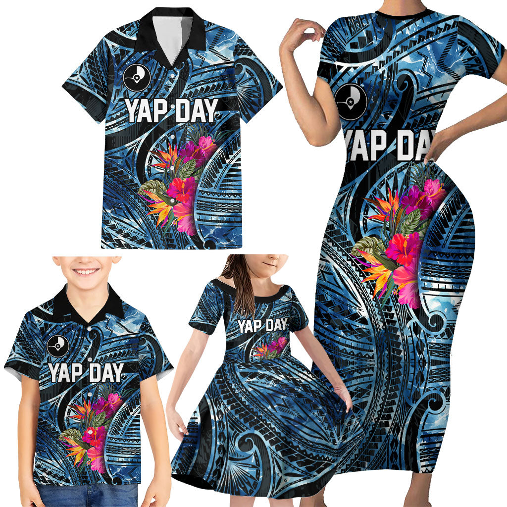 Yap Day Island Floral Tribal Heritage Family Matching Short Sleeve Bodycon Dress and Hawaiian Shirt Micronesian Hibiscus Pattern Polynesian Tattoo Blue Art TS04 - Polynesian Pride