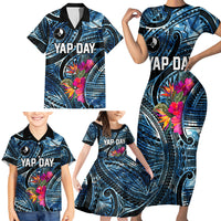 Yap Day Island Floral Tribal Heritage Family Matching Short Sleeve Bodycon Dress and Hawaiian Shirt Micronesian Hibiscus Pattern Polynesian Tattoo Blue Art