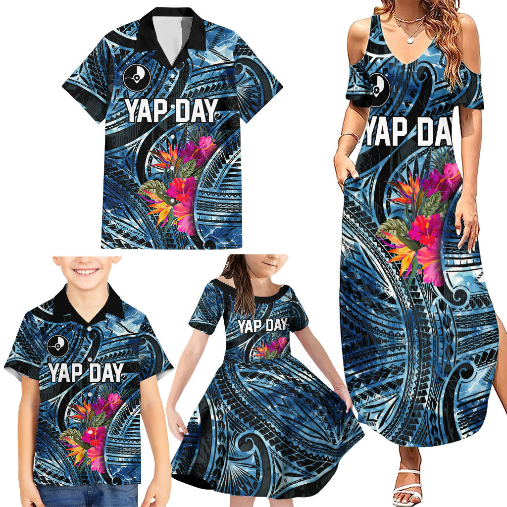 Yap Day Island Floral Tribal Heritage Family Matching Summer Maxi Dress and Hawaiian Shirt Micronesian Hibiscus Pattern Polynesian Tattoo Blue Art TS04 - Polynesian Pride