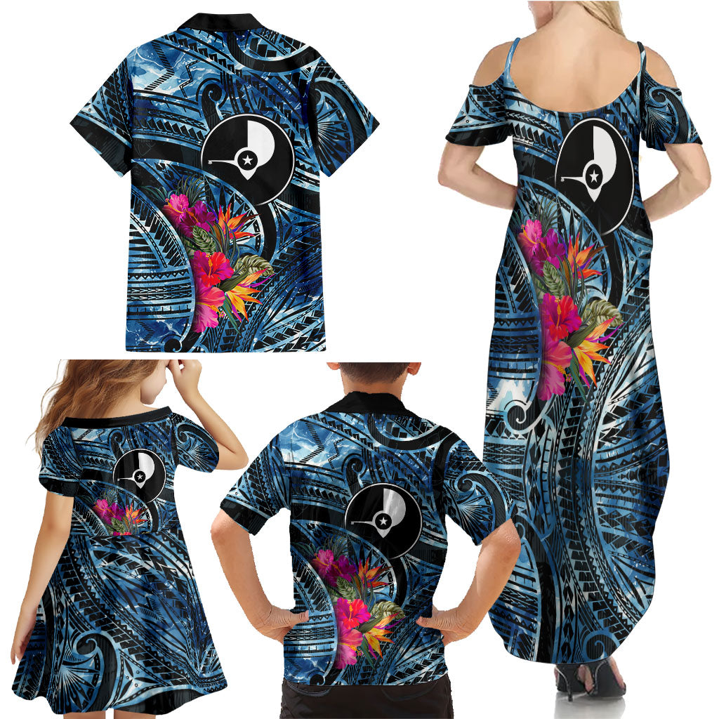 Yap Day Island Floral Tribal Heritage Family Matching Summer Maxi Dress and Hawaiian Shirt Micronesian Hibiscus Pattern Polynesian Tattoo Blue Art