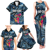 Yap Day Island Floral Tribal Heritage Family Matching Tank Maxi Dress and Hawaiian Shirt Micronesian Hibiscus Pattern Polynesian Tattoo Blue Art