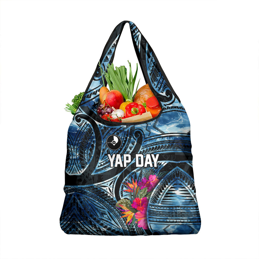 Yap Day Island Floral Tribal Heritage Grocery Bag Micronesian Hibiscus Pattern Polynesian Tattoo Blue Art
