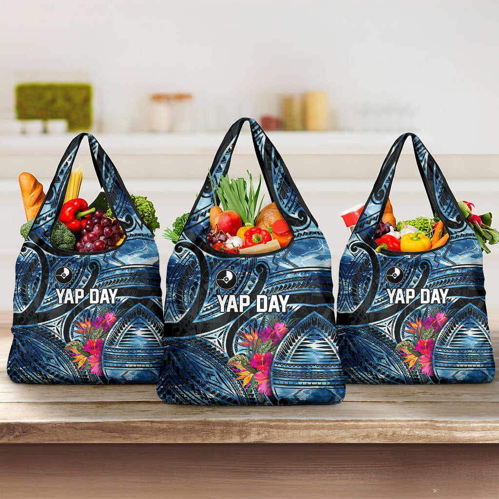 Yap Day Island Floral Tribal Heritage Grocery Bag Micronesian Hibiscus Pattern Polynesian Tattoo Blue Art
