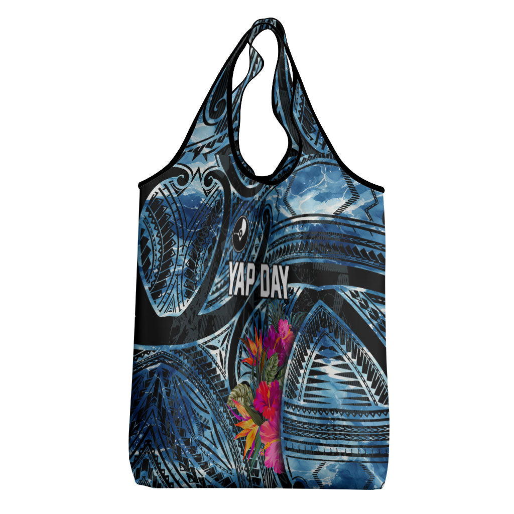 Yap Day Island Floral Tribal Heritage Grocery Bag Micronesian Hibiscus Pattern Polynesian Tattoo Blue Art