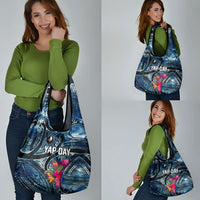 Yap Day Island Floral Tribal Heritage Grocery Bag Micronesian Hibiscus Pattern Polynesian Tattoo Blue Art