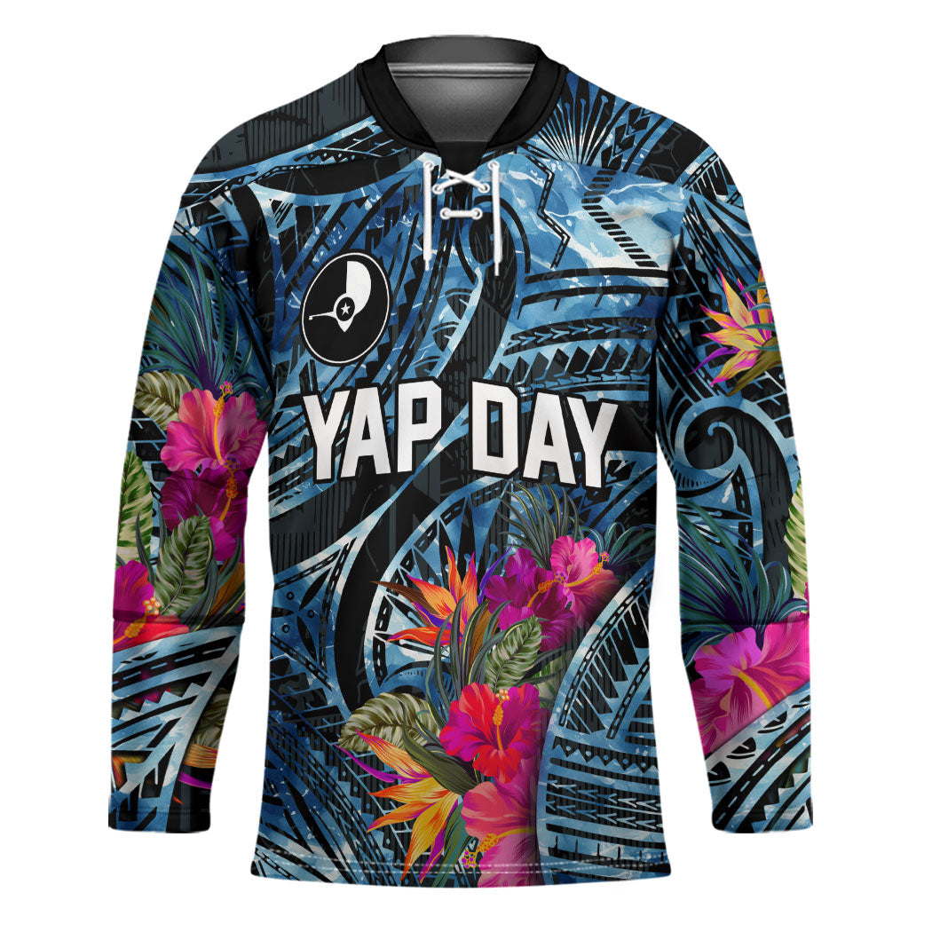 Yap Day Island Floral Tribal Heritage Hockey Jersey Micronesian Hibiscus Pattern Polynesian Tattoo Blue Art TS04 Unisex Black Blue - Polynesian Pride