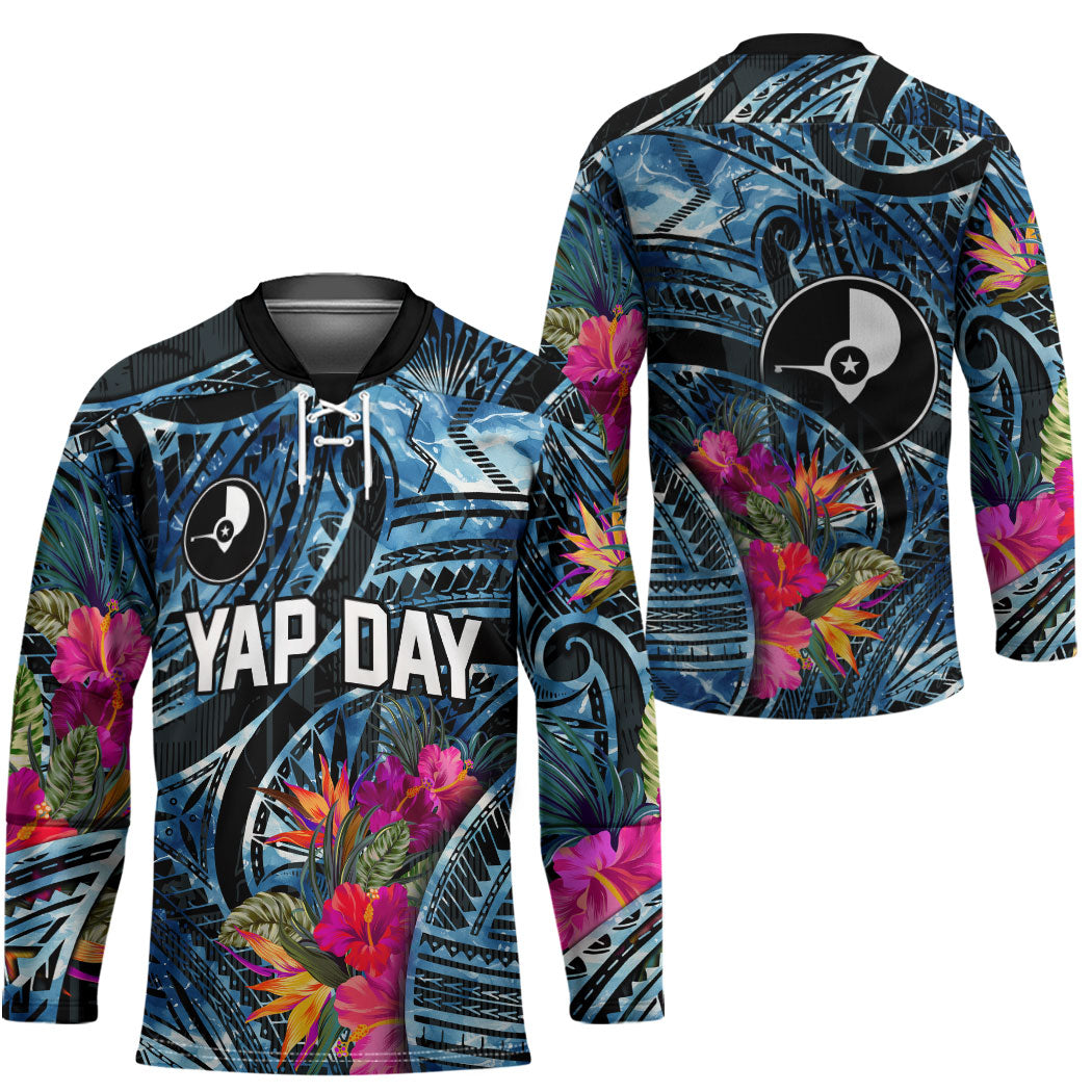 Yap Day Island Floral Tribal Heritage Hockey Jersey Micronesian Hibiscus Pattern Polynesian Tattoo Blue Art