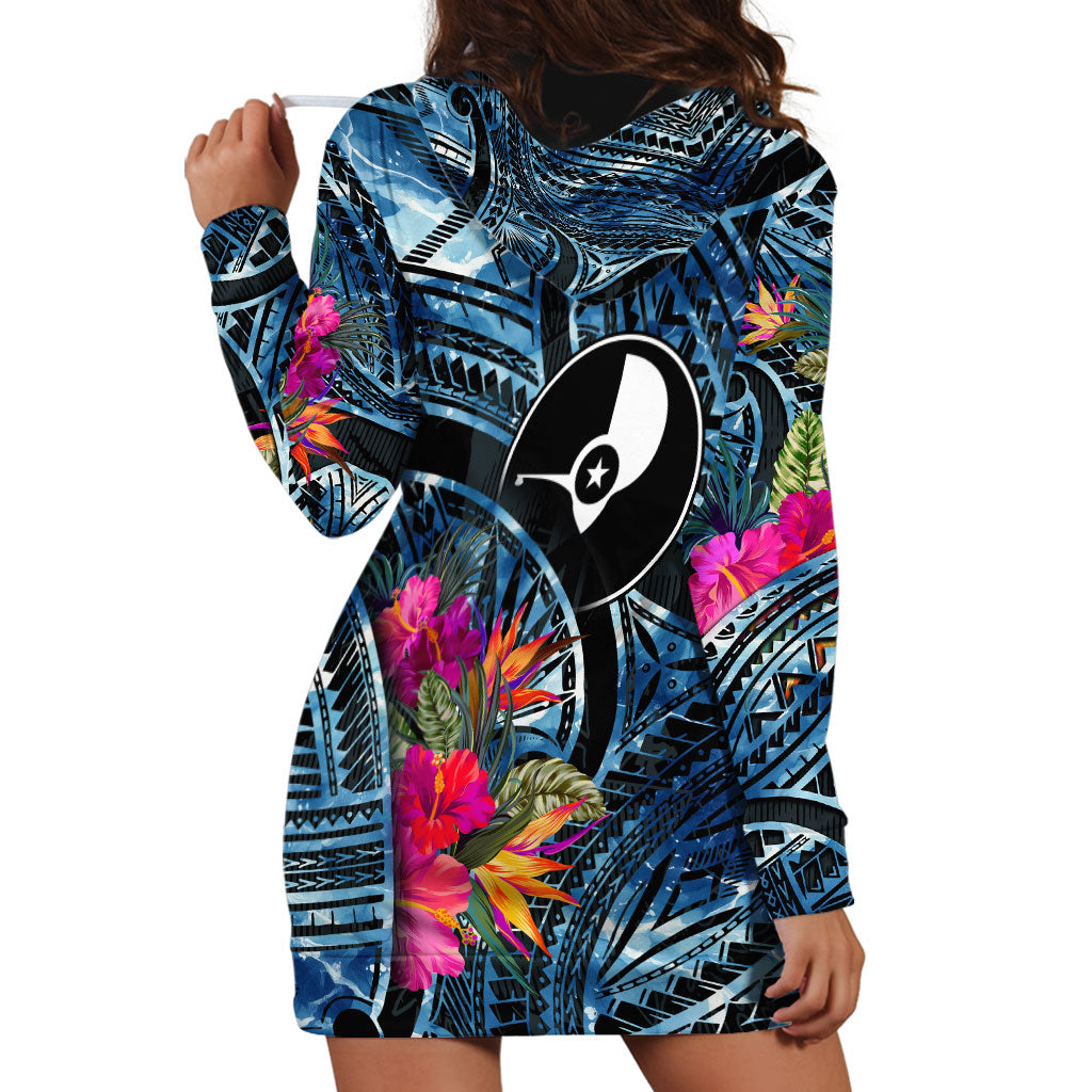 Yap Day Island Floral Tribal Heritage Hoodie Dress Micronesian Hibiscus Pattern Polynesian Tattoo Blue Art