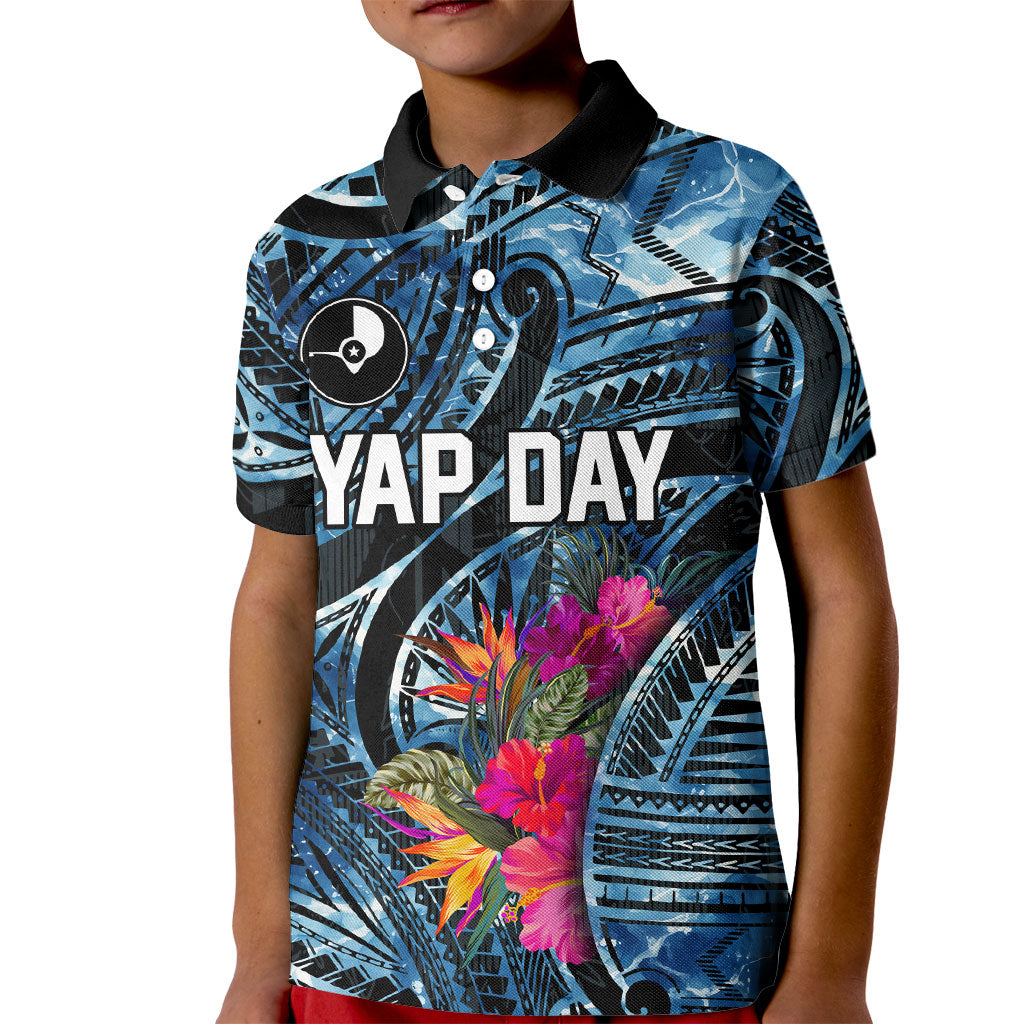 Yap Day Island Floral Tribal Heritage Kid Polo Shirt Micronesian Hibiscus Pattern Polynesian Tattoo Blue Art