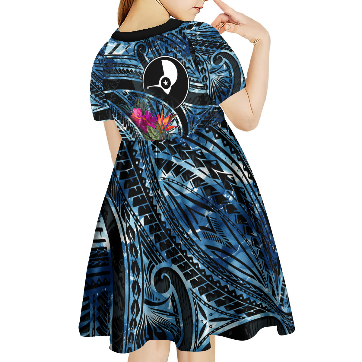 Yap Day Island Floral Tribal Heritage Kid Short Sleeve Dress Micronesian Hibiscus Pattern Polynesian Tattoo Blue Art