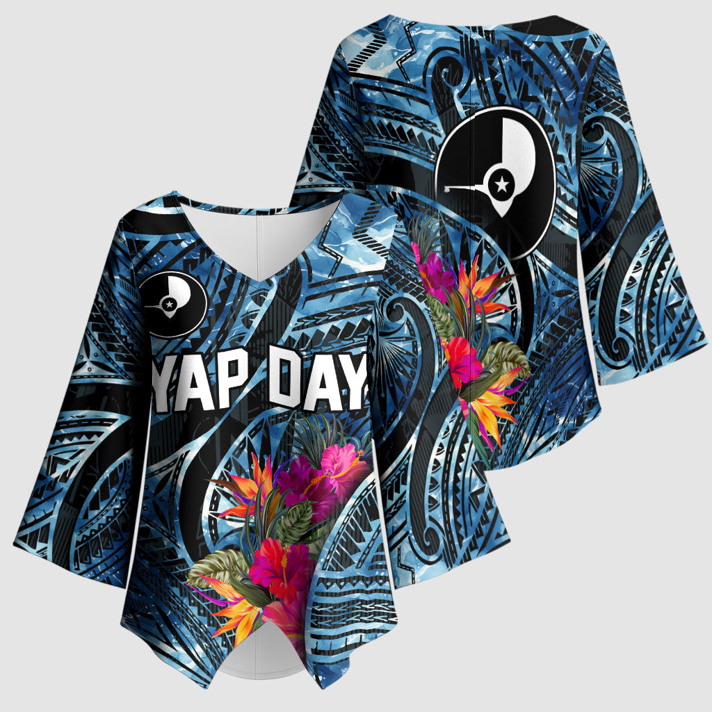 Yap Day Island Floral Tribal Heritage Kimono Sleeve Blouse Micronesian Hibiscus Pattern Polynesian Tattoo Blue Art