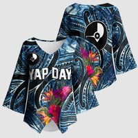Yap Day Island Floral Tribal Heritage Kimono Sleeve Blouse Micronesian Hibiscus Pattern Polynesian Tattoo Blue Art