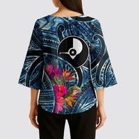 Yap Day Island Floral Tribal Heritage Kimono Sleeve Blouse Micronesian Hibiscus Pattern Polynesian Tattoo Blue Art