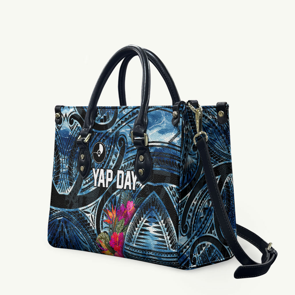 Yap Day Island Floral Tribal Heritage Leather Bag Micronesian Hibiscus Pattern Polynesian Tattoo Blue Art