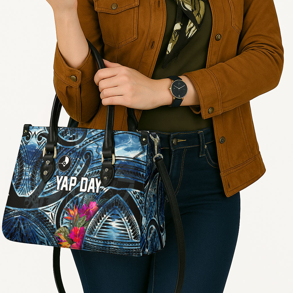 Yap Day Island Floral Tribal Heritage Leather Bag Micronesian Hibiscus Pattern Polynesian Tattoo Blue Art
