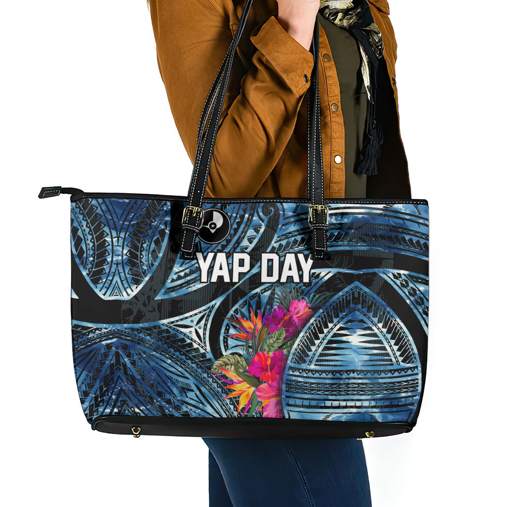 Yap Day Island Floral Tribal Heritage Leather Tote Bag Micronesian Hibiscus Pattern Polynesian Tattoo Blue Art