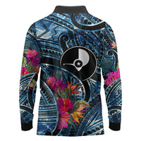 Yap Day Island Floral Tribal Heritage Long Sleeve Polo Shirt Micronesian Hibiscus Pattern Polynesian Tattoo Blue Art