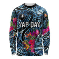 Yap Day Island Floral Tribal Heritage Long Sleeve Shirt Micronesian Hibiscus Pattern Polynesian Tattoo Blue Art