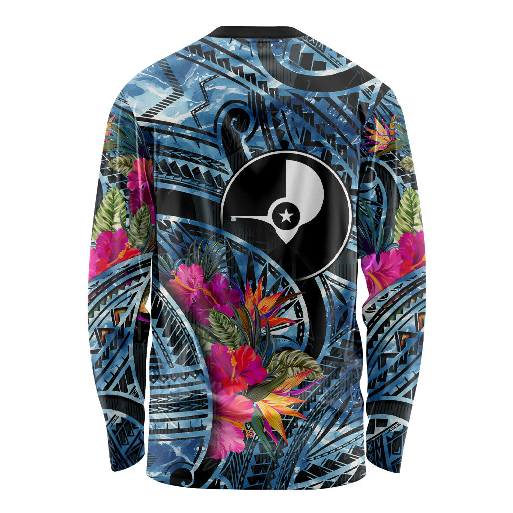 Yap Day Island Floral Tribal Heritage Long Sleeve Shirt Micronesian Hibiscus Pattern Polynesian Tattoo Blue Art